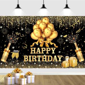 YinQin 180x120 cm Glitter Golden Black Happy Birthday Backdrops Banners Cloth 71x47 inch Bday Party Photography Backgrounds Shiny Black Gold Happy Birthday Sign Party Decorations for Girl Women
