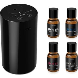 Airversa Waterless Essential Oil Diffuser Starter Kit with 4 x 10mL Hotel Scent Fragrance Oil, Battery Operated Mini Scent Air Machine Portable Diffuser for Home Car Office, AN8 Kit Black