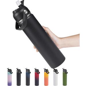 24oz Insulated Stainless Steel Water Bottle, Wide Mouth Double Wall Vacuum, Silicone Straw, Sweat & Leak Proof, BPA Free Insulated Water Flask for Travel, Keep Cold 24h Hot 12h, Black