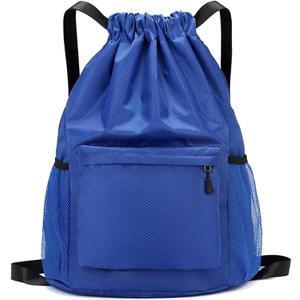 Drawstring Backpack, Gym Bag with Water Bottle Pocket, Waterproof String Backpack for Soccer, Basketball, Swim for Women Men (Blue