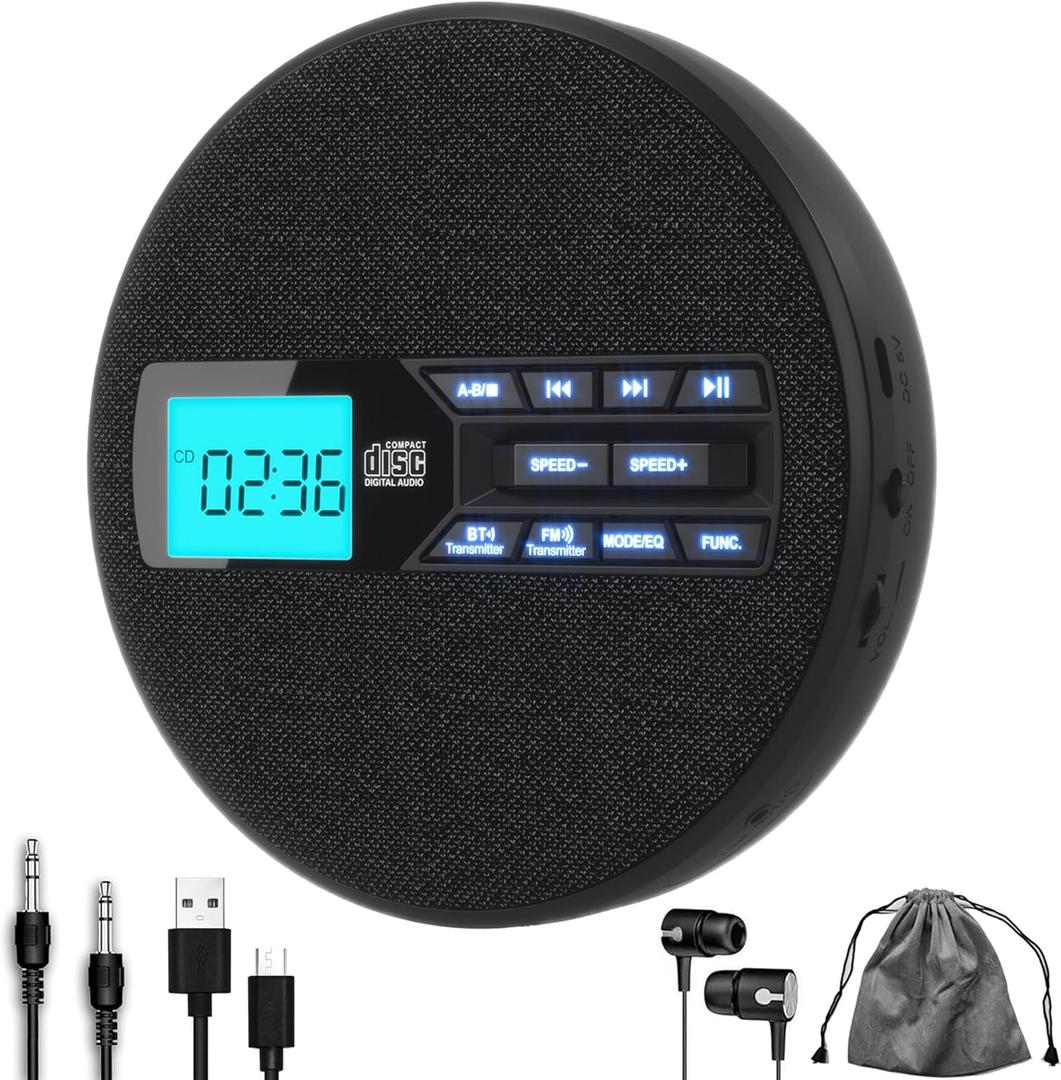 Portable CD Player with Dual Bluetooth, Discman for Car with FM Transmitter, Rechargeable, Dual Speakers and Anti Skip,USB,AUX,LCD Display,Backlit Button,Repeat,10 Speeds