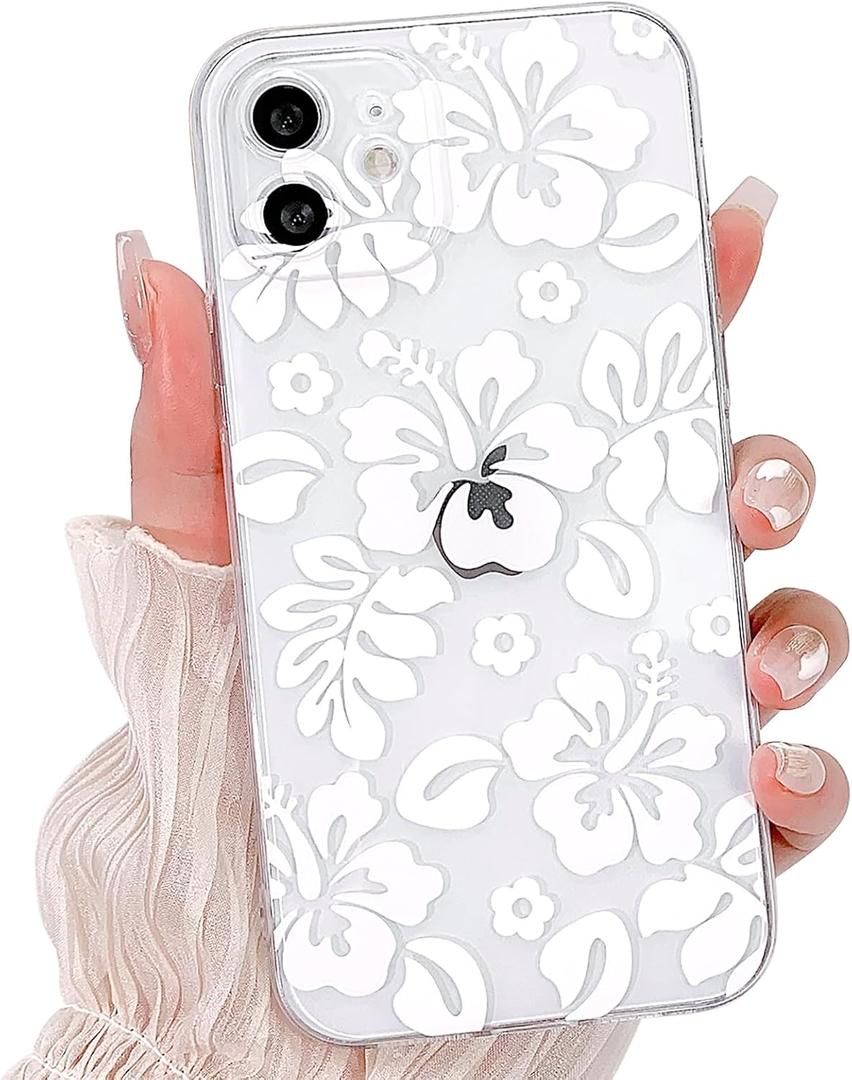 Lovmooful Compatible for iPhone 11 Case Cute Clear Hibiscus Flower Floral Aesthetic Printed Design for Girls Women Soft TPU Shockproof Protective Girly for iPhone 11-White