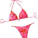 Tainehs Women's Brazillian Triangle Thong Bikini Set Sexy String Two Piece Swimsuit Bathing Suit ( Red Flower, Small)