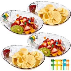 Clear Chip and Dip Serving Platter Set, 4 Pcs Fruit Plates Divided Party Trays 10'' x 8.7'' Snack Bowl Dishes, Dine Appetizer Plates, Reusable BPA-free Plastic Dumpling Plate with Sauce Holder