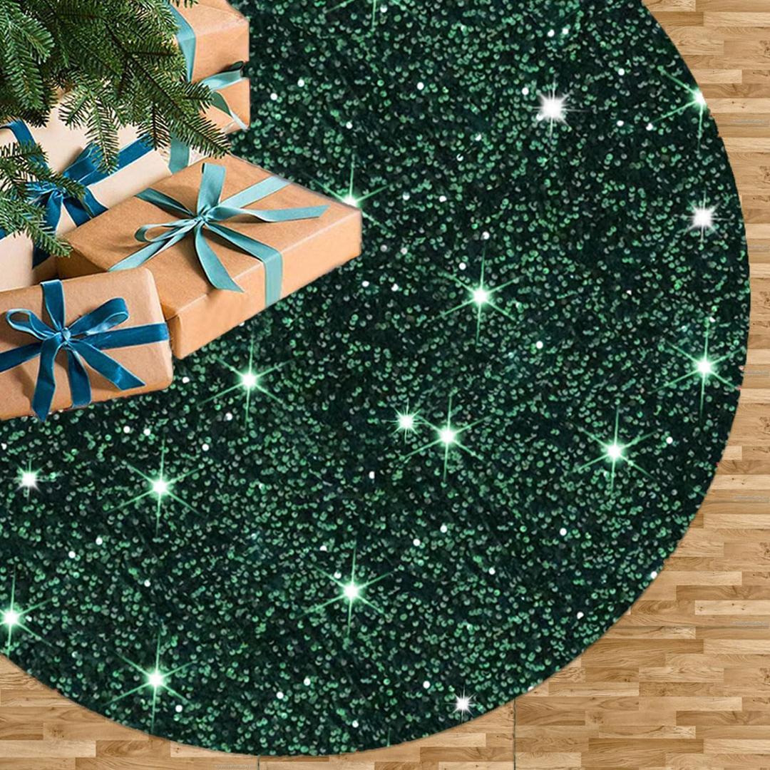 Emerald Green Christmas Tree Skirt Velvet Tree Skirt 21 Inch Small Sequin Tree Skirt Christmas Tree Mats Sparkle Rug for Christmas Tree Dark Green Tree Skirts for Slim Xmas Tree Decorations