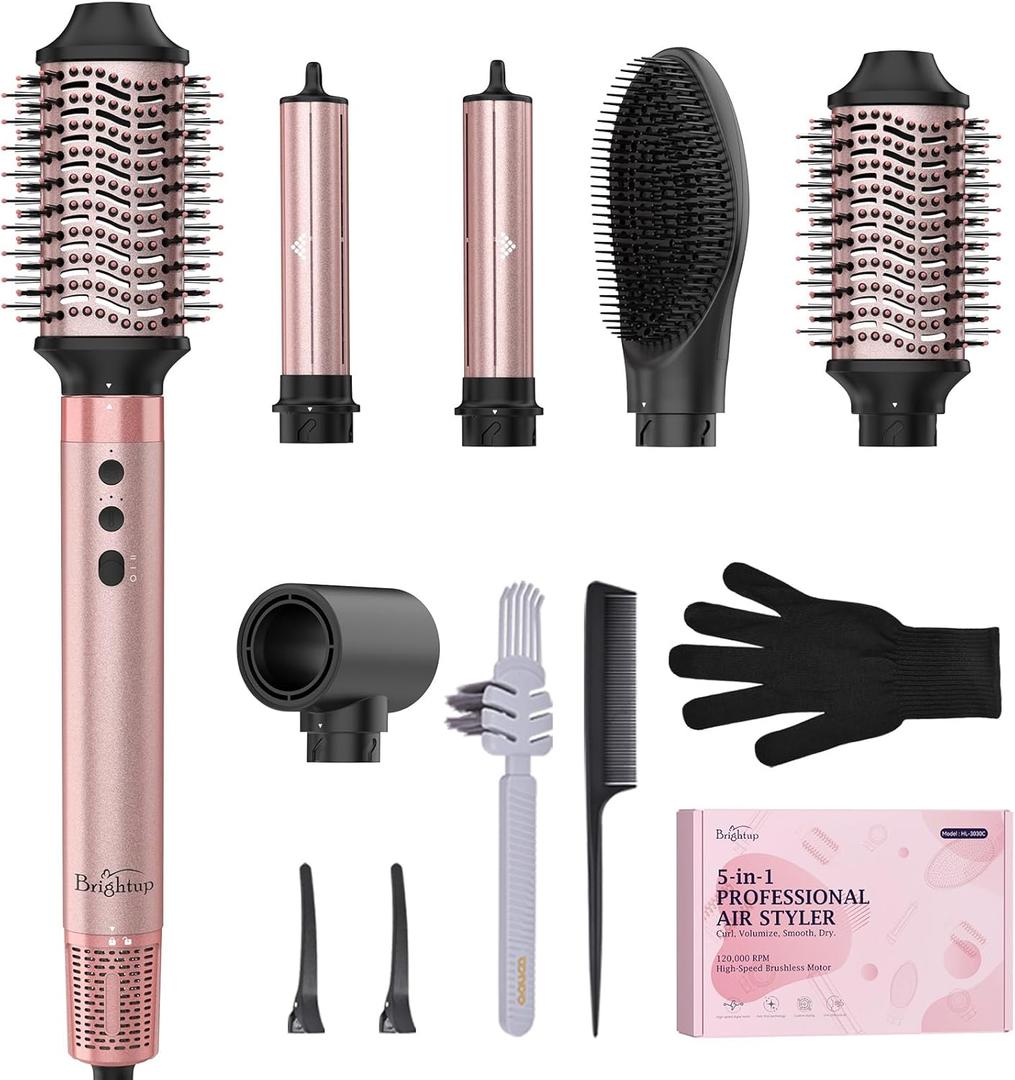 Brightup 5 in 1 High-Speed Hot Air Styler, 1400W Powerful 120000RPM Hair Dryer Brush, Negative Ions Thermal Brush, Cool Shot Button, Curler, Volumizer, Straighter, No Heat Damage, with Travel Bag