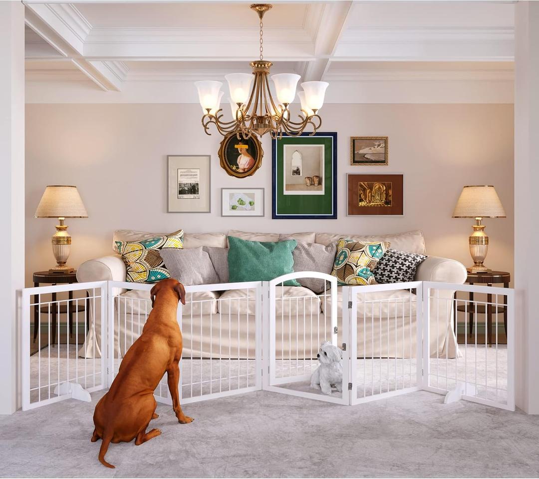 JSB 144-inch Extra Wide 30-inch Tall Dog gate with Door Walk Through, Freestanding Pet Gate for Halls, Stairs & Home, Pet Puppy Safety Dog Fence with 2PCS Support Feet (White)