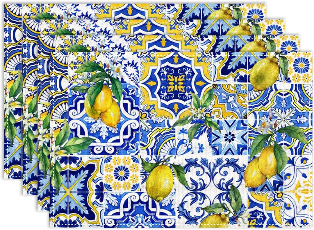 Lemon Tiles Placemat Set of 4, 12x18 Inch Summer Spring Yellow Lemon Blue Ceramic Tiles Floral Fruit Seasonal Rustic Farmhouse Coffee Table Mats for Outdoor Kitchen Dining Table Decoration