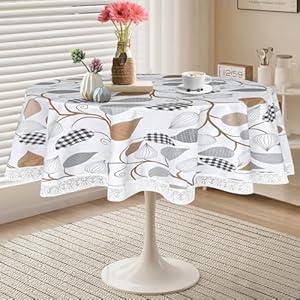 Round Vinyl Tablecloth, 60 Inch Round Tablecloth with Flannel Backing, Waterproof Stain-Resistant PVC Table Cloth Covers with Lace Trim for Round Table (Leaves)