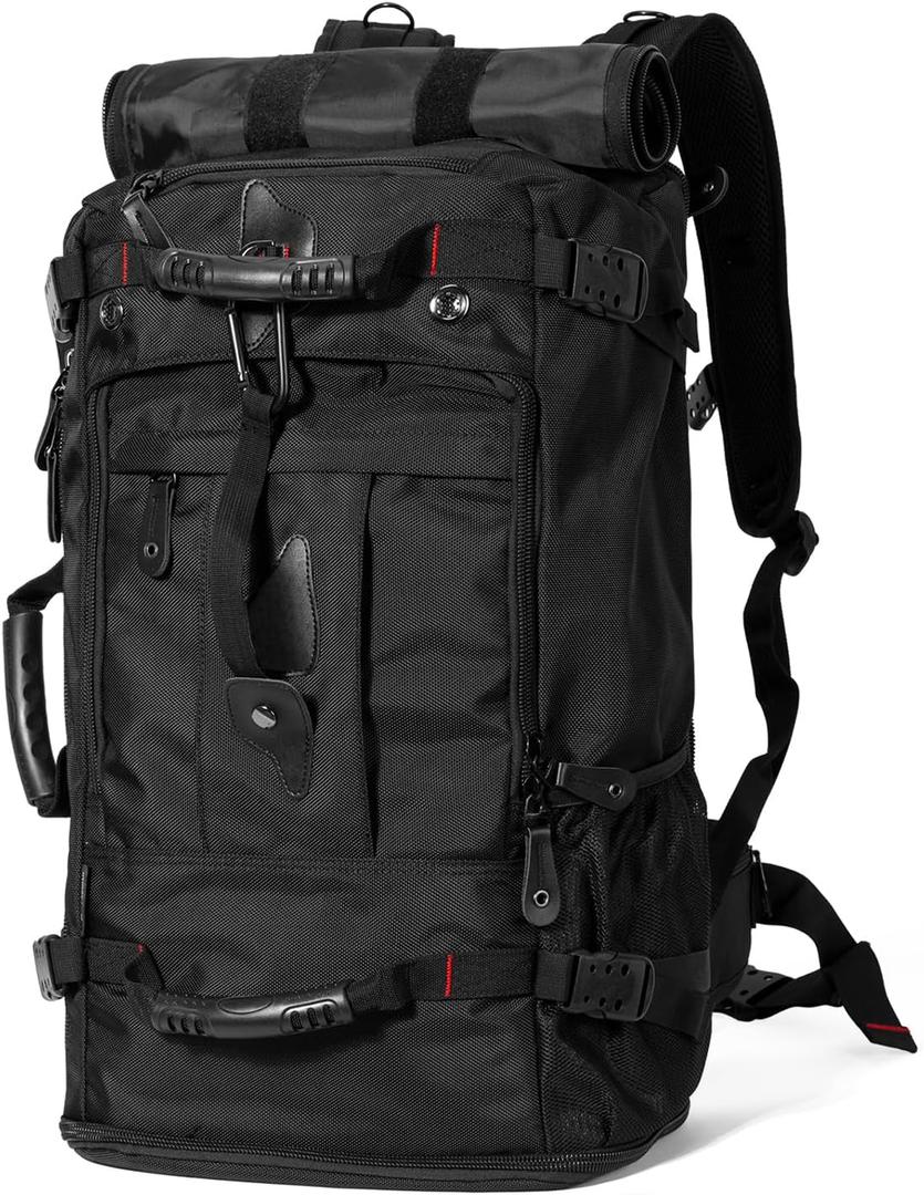 Travel Backpack Carry On Backpack Durable Convertible Duffle Bag Fit for 15.6 Inch Laptop for Men and Women hiking airplane shoes bag extendable three way uses multiple (60L-Large, Black)