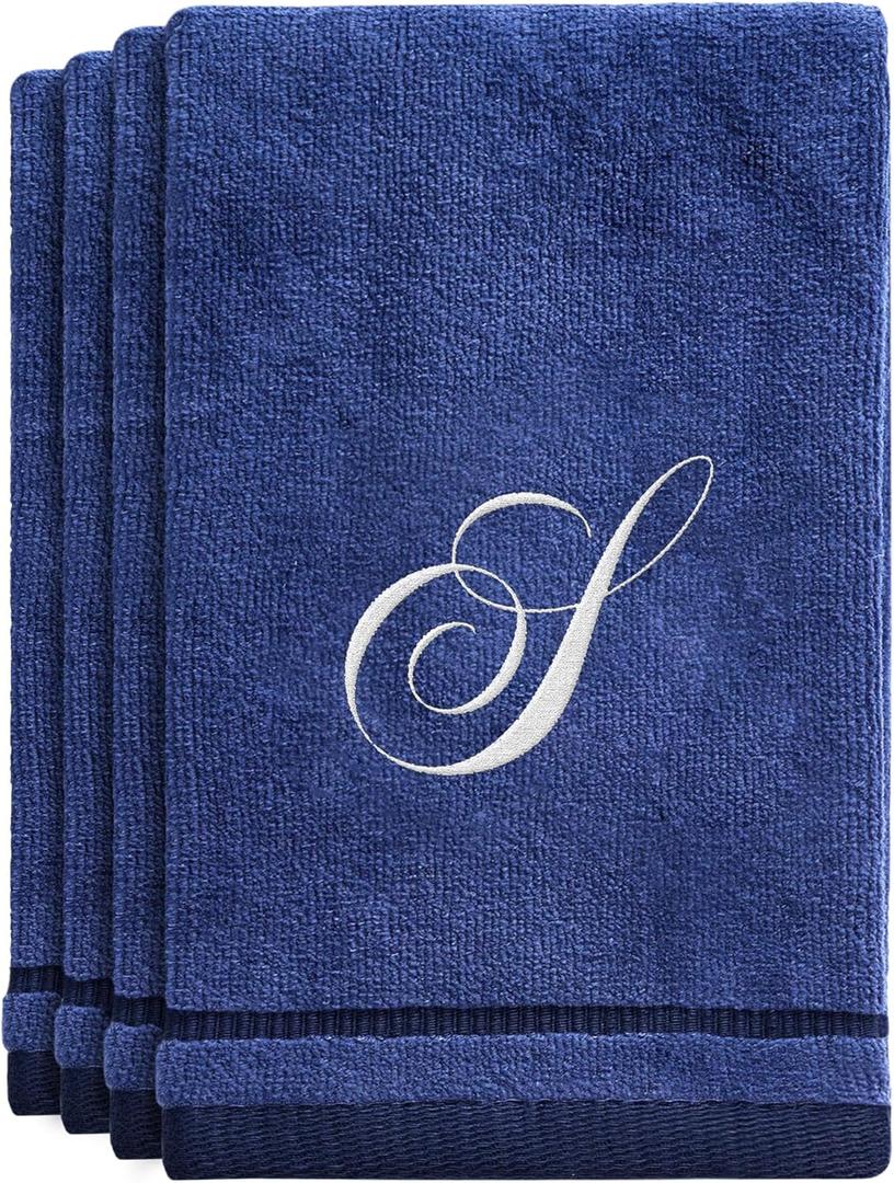Creative Scents Navy Blue Monogrammed Towels with Initials - 4 Pack Super Absorbent Bathroom Fingertip Cotton Towel with Soft Velour Finish - Personalized Gift for Freinds & Family 11" x18 Initial S