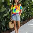 Women Hawaiian Shirt Soft Cool Summer Hawaii Tshirts Beach Tropic Print V Neck Button up Tops Floral Short Sleeve Tops (Medium, Tie Dye Yellow-2)