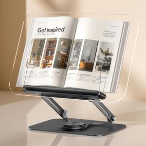 ASIEIT Book Stand for Reading, Acrylic Adjustable Book Holder with 360 Rotating Bases & Elastic Page Clips, Foldable Multifunctional Display Stand for Bible, Laptop, Recipe, Tablets, Textbook