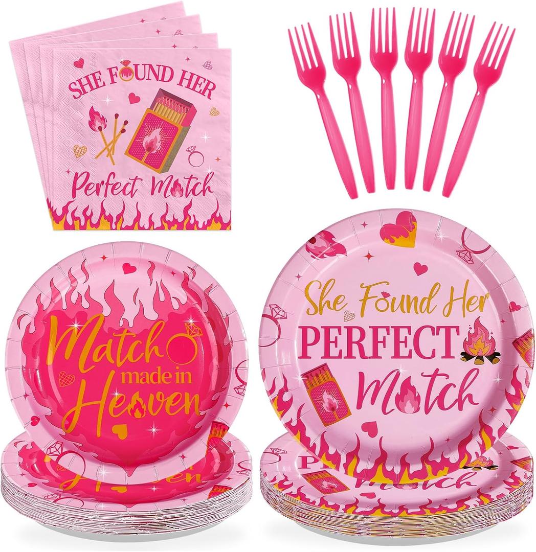 96Pcs Perfect Match Bachelorette Party Supplies She Found Her Perfect Match Plates and Napkins Hot Pink Matches Tableware Set for Bridal Shower Bachelorette Engagement Party Decor Serves 24