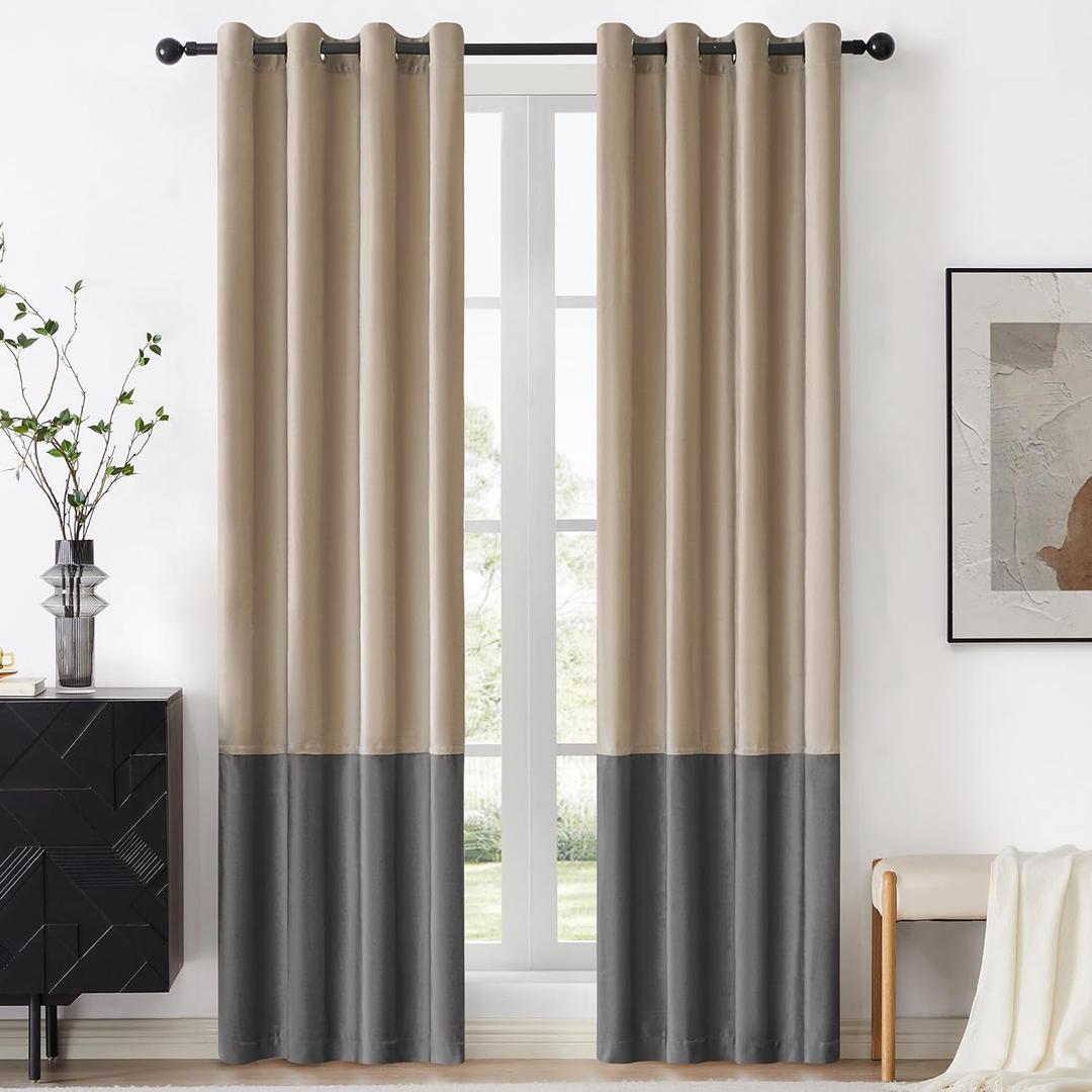 BULBUL Champagne Grey Color Block Window Curtains Panels 90 inches Long Velvet Farmhouse Drapes for Bedroom Living Room Darkening Treatment with Grommet Set of 2