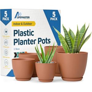 Terracotta Plant Pots with Drainage Holes & Saucers 5 Pack, Indoor & Outdoor Stackable Space-Saving Planters for Houseplants & Flowers, (7", 6.7", 6", 5.3", and 4.8" Inches), Durable & Weatherproof