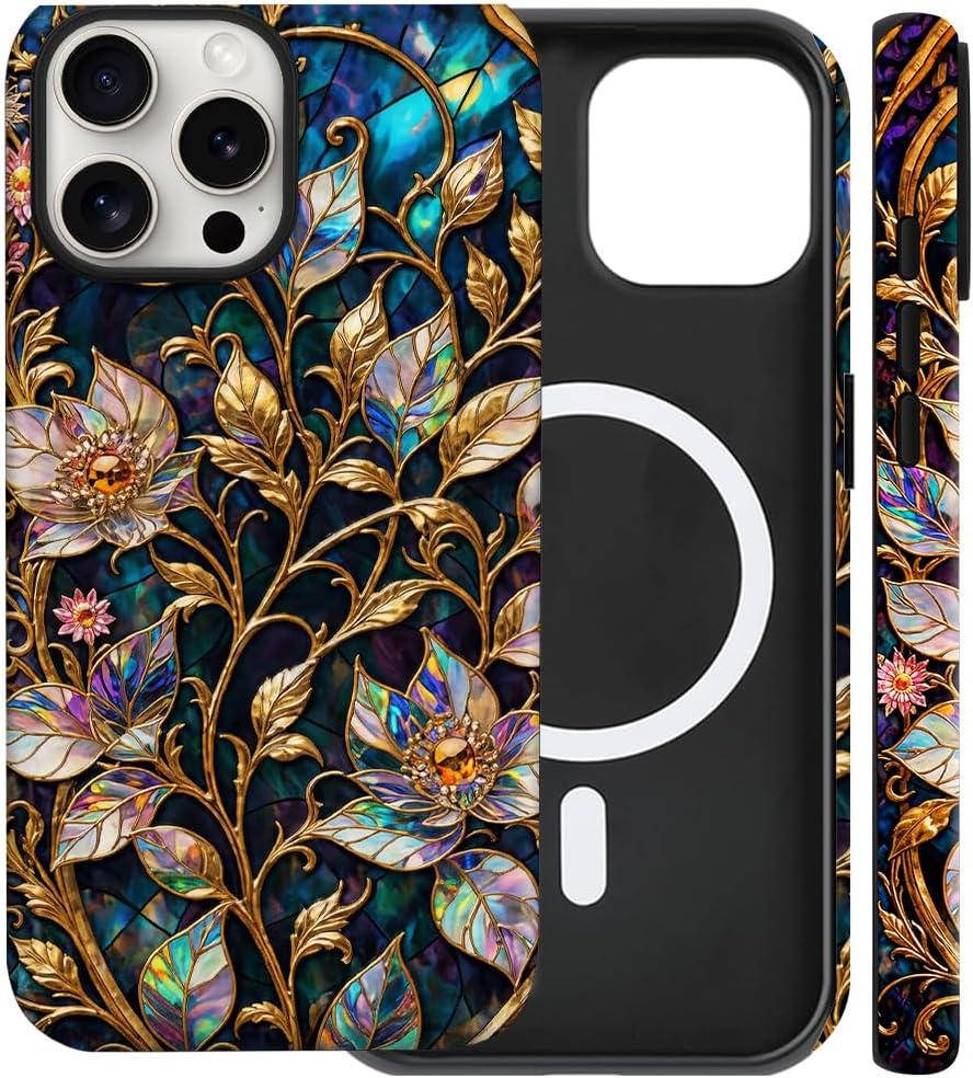 Magnetic for iPhone 15 Pro Max Case Vintage Gold Floral Art Phone Case, Elegant Botanical Stained Glass Shockproof Slim TPU and Hard PC Protective Phone Cover Compatible with MagSafe Gift for Women