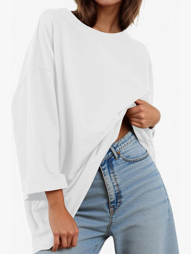 Tankaneo Womens Oversized 3/4 Bell Sleeve TShirts Casual Crewneck Fall Trendy Tunic Tops Loose Fit Basic Tees Size S