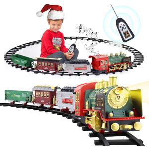 Train Set for Boys Girls, Christmas Electric Remote Control Train Set with Steam, Sound & Light, Remote Control Train Toys w/Steam Locomotive Engine, Cargo Cars for Kids 3 4 5 6 7 8 Year Old