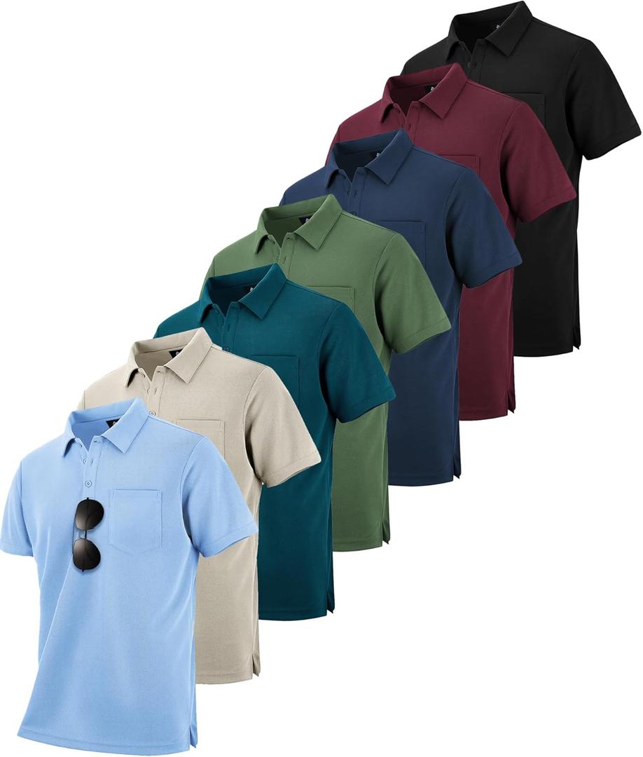 SCODI 7 Pack Polo Shirts for Men with Pocket Moisture Wicking Golf Polo Shirt Short Sleeve Outdoor Work Tactical Tshirt (Large, Navy Black Green Lightkhaki Winered Lightblue Tealblue)