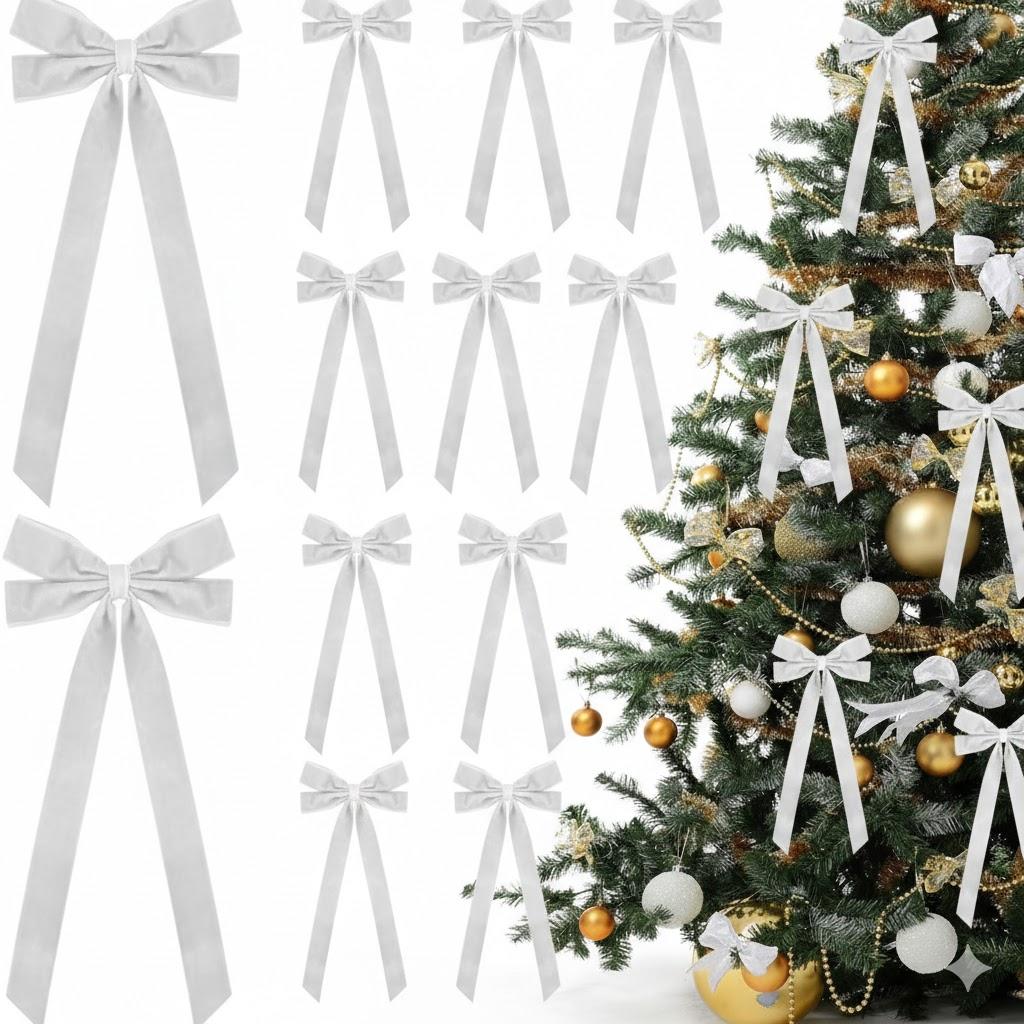 TONIFUL 12 Pack White Velvet Bows for Christmas Tree, Wreath Decor, Gift Wrapping, Chairs, Stairs, Mentel Decor, Wedding, Christmas, Birthday, Valentine Party & Home Decor(1" Width, 5 * 7 inch)