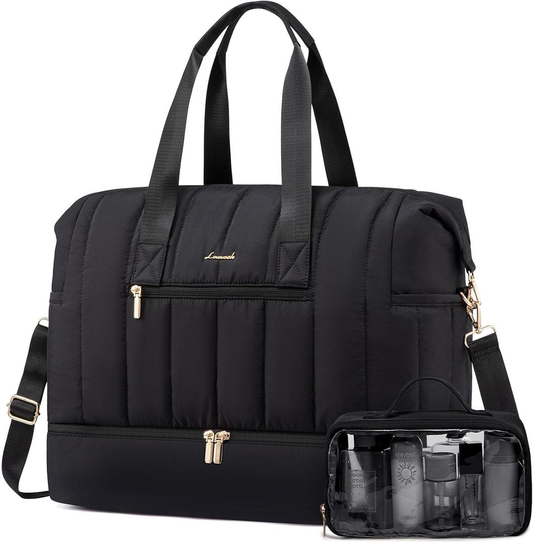 LOVEVOOK Travel Duffle Bag,Puffer Weekender Bags For Women with Shoe Compartment,42L Carry On Duffel Bags For Airplanes,Hospital Bag for Labor and Delivery,Overnight Bag With Toiltry Bag,2Pcs Set (Black)
