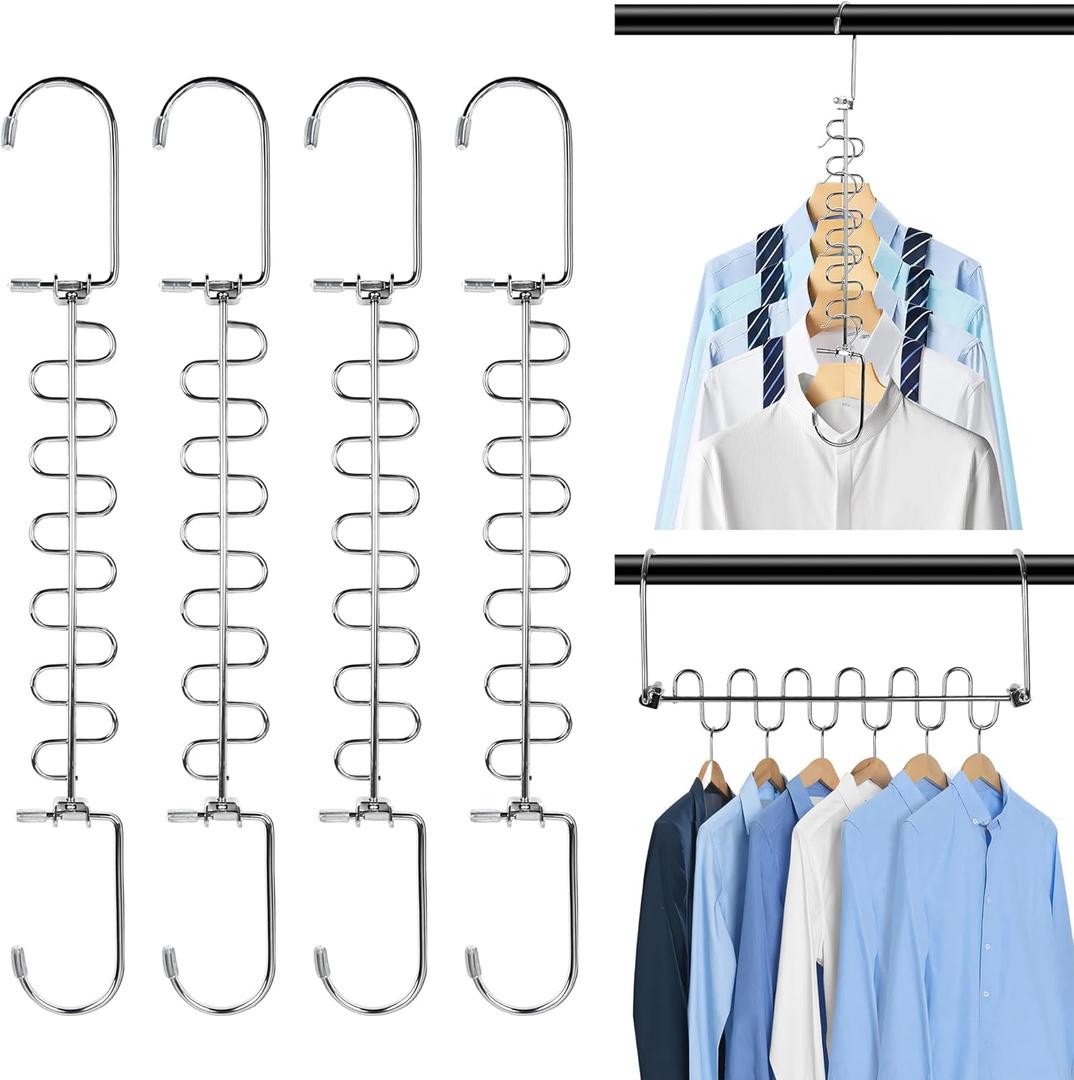 KLEVERISE 4 Pack Metal Space Saving Hangers, Stainless Steel Hangers Space Saving for Clothes, Magic Cascading Space Saving Closet Clothing Hanger Organizer Space Saver, College Dorm Essentials