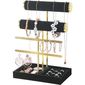 Jewelry Organizer Stand, T-Bar Metal Frame Jewelry Display Stand, Jewelry Display Holder with Tray, Necklace Bracelet Earring Ring Organizer Holder for Women Home Use (Black Velvet)