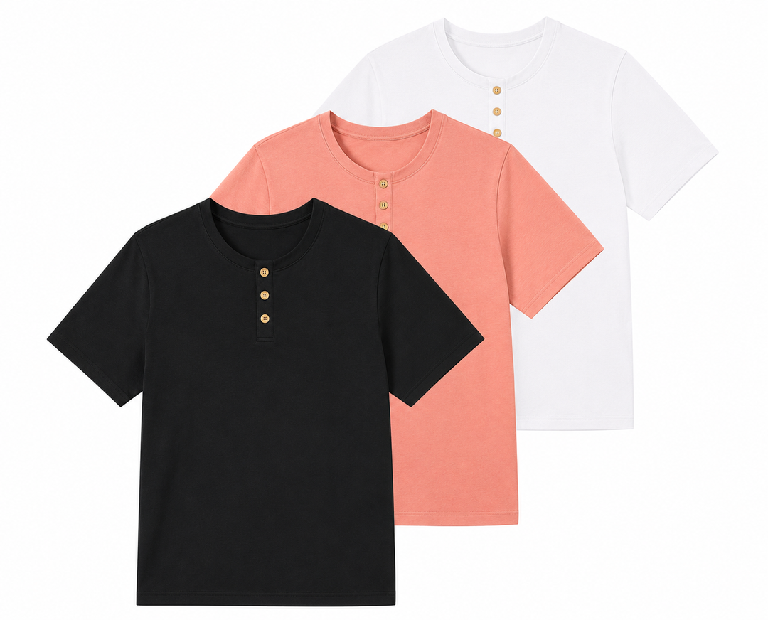TICTICMIMI Women's Henley Short Sleeve Tops Button Down Casual Summer T Shirts Crew Neck Basic Tees,white, coral, black, XL 3Pcs
