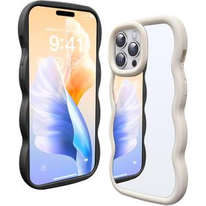 2 Pack Mirror Case for iPhone 16 Pro Max, with Curly Wave Frame Phone Cover Shockproof Protective Cover for iPhone 16 Pro Max Women Girl Makeup, Black, White
