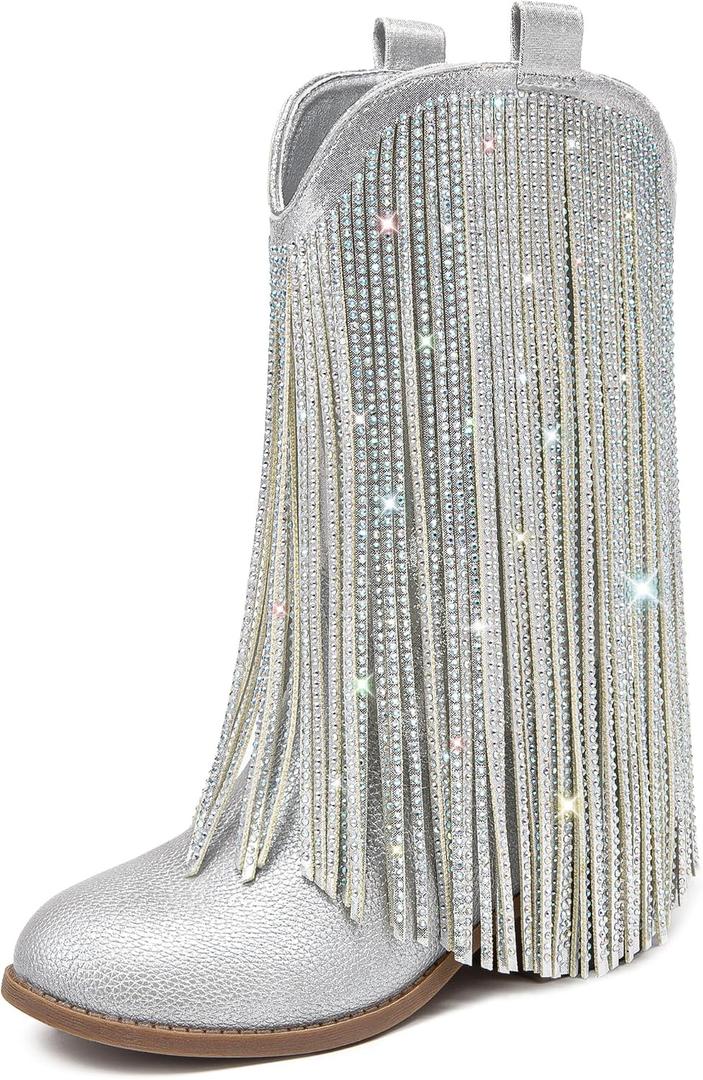 LAURMOSA Rhinestone Fringe Cowgirl Boots for Girls Mid Calf Pointed Toe Cowboy Boots for Toddler Little Big Kids Party Country Size 12 (Silver)