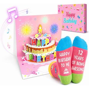 HAPPYPOP Birthday Gift Box - 8-12 Year Old Preteen Birthday Socks, 3D Musical Greeting Card