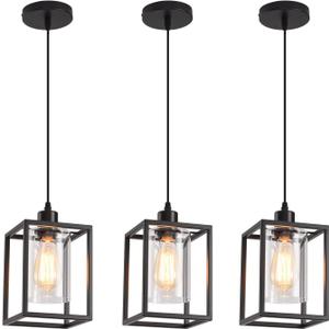 3 Pack Black Pendant Lights for Kitchen Island Industrial Lantern Pendant Light Fixtures with Clear Glass Shade, Farmhouse Adjustable Height Hanging Pendant Lighting for Dining Room
