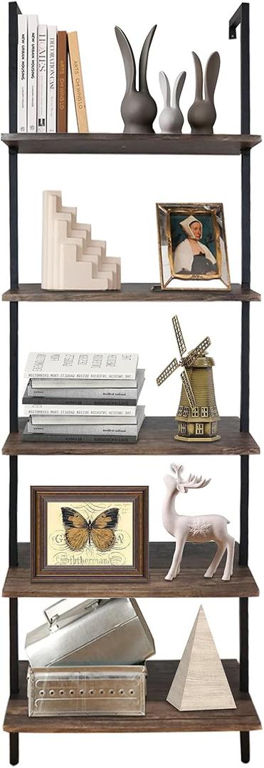 aboxoo Ladder Shelf Open Bookshelf 5-tier Wood Wall-mounted Bookcase Storage Rack Open Back Industrial Modern Plant Flower Stand Utility Organizer Bookcase Metal Frame Furniture Office Kitchen Bedroom (Brown)