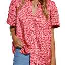 MASCOMODA Womens Tops Summer Boho Floral Short Sleeve Button Down Shirts Crewneck Loose Vacation Dressy Casual Work Blouses(Orange Pink Floral,Large)