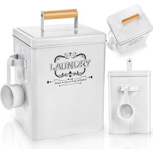 Goaste Metal Laundry Detergent Container, 220oz Laundry Powder Storage Bin with Scoop & Lid, Farmhouse Soap Dispenser Holder, White Pod Canister Tin Box for Room Organization