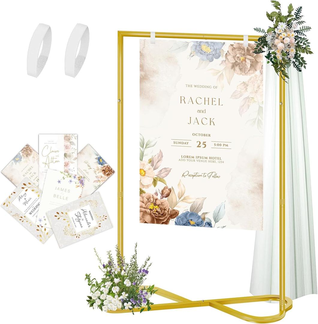 Wedding Welcome Sign Stand, Adjustable Welcome to Our Wedding Poster Holder with Hanging Straps, Sign Rack, Heavy Duty Easel Stand for Sign, Wedding Seating Chart Stand, Easel for Display, Gold