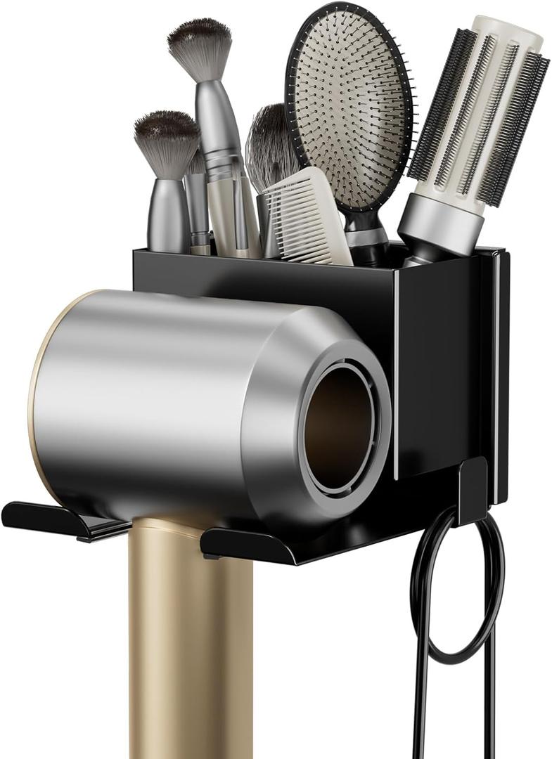 Hair Dryer Holder Wall Mounted, Hair Tools Organizer, Bathroom Space-Saving Blow Dryer Organizer Curling Irons Storage Hair Dryer Comb Attachments Black (Self-Adhesive and Drilling)