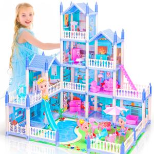 Dollhouse with 4-Story 11 Rooms, Dream Gift Princess Doll House Playset with Furniture, Blue Toddler House with Pool Slide for 3 4 5 6 7 8 9 10 Year Old Girls Kids