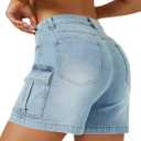 AUWUKA Womens Cargo Jean Shorts High Waisted Microelastic Straight Leg Long Denim Mom Shorts (Blue)