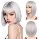NOTICEME 14 Inch Silver Bob Wig with Bangs, Short Straight Synthetic Heat Resistant Wigs for Women with Adjustable Straps & Wig Cap for Party Cosplay Daily Use