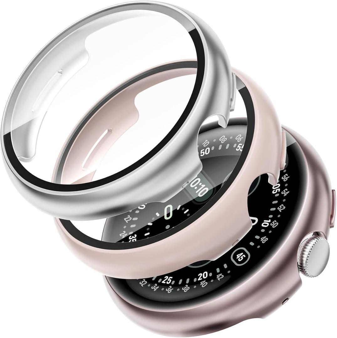 SOLOLUP 3 Pack PC Case Compatible With Google Pixel Watch 4 Screen Protector 41mm Men Women,All-Round Hard PC Protective With HD Tempered Glass Face Bumper Cover for Google Watch 4 Case (2025) 41 mm (03-Rose pink/Pink sand/silver)