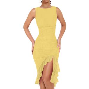 BORIFLORS Women's Sexy Elegant Boat Neck Bodycon Midi Dresses Ruffle Hem Sleeveless Ruched Cocktail Party Tank Dress, Small, Yellow
