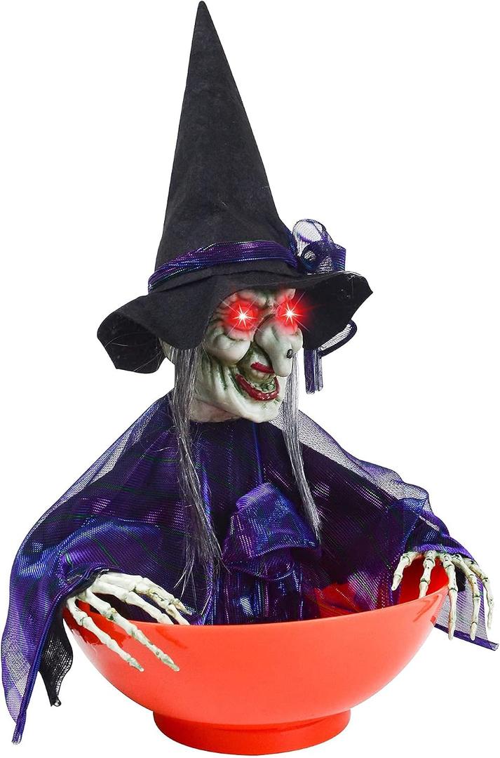 JOYIN Halloween Candy Bowl Dish Witch Decorations Indoor, Haunted House Home Decor Animatronics Animated LED Lights Eyes, Creepy Scary Sound Activated Trick Or Treat, 10.2 x 9.8 x 15.7