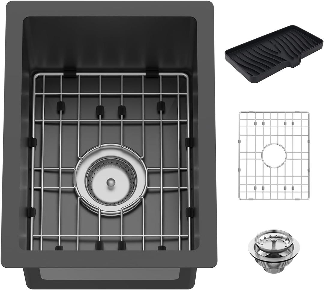 12x16In Black Kitchen And Bar Sink - Small Stainless Steel Undermount Single Bowl Drop In Kitchen&Bar Sink Ideal Choice For Small Space, Prep Area, RV With Bottom Grid,Soap Mat And Drain Assembly