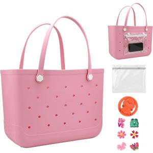 Large EVA Tote, Water Resistant, Sand Resistant Beach Bag for Women, Pink