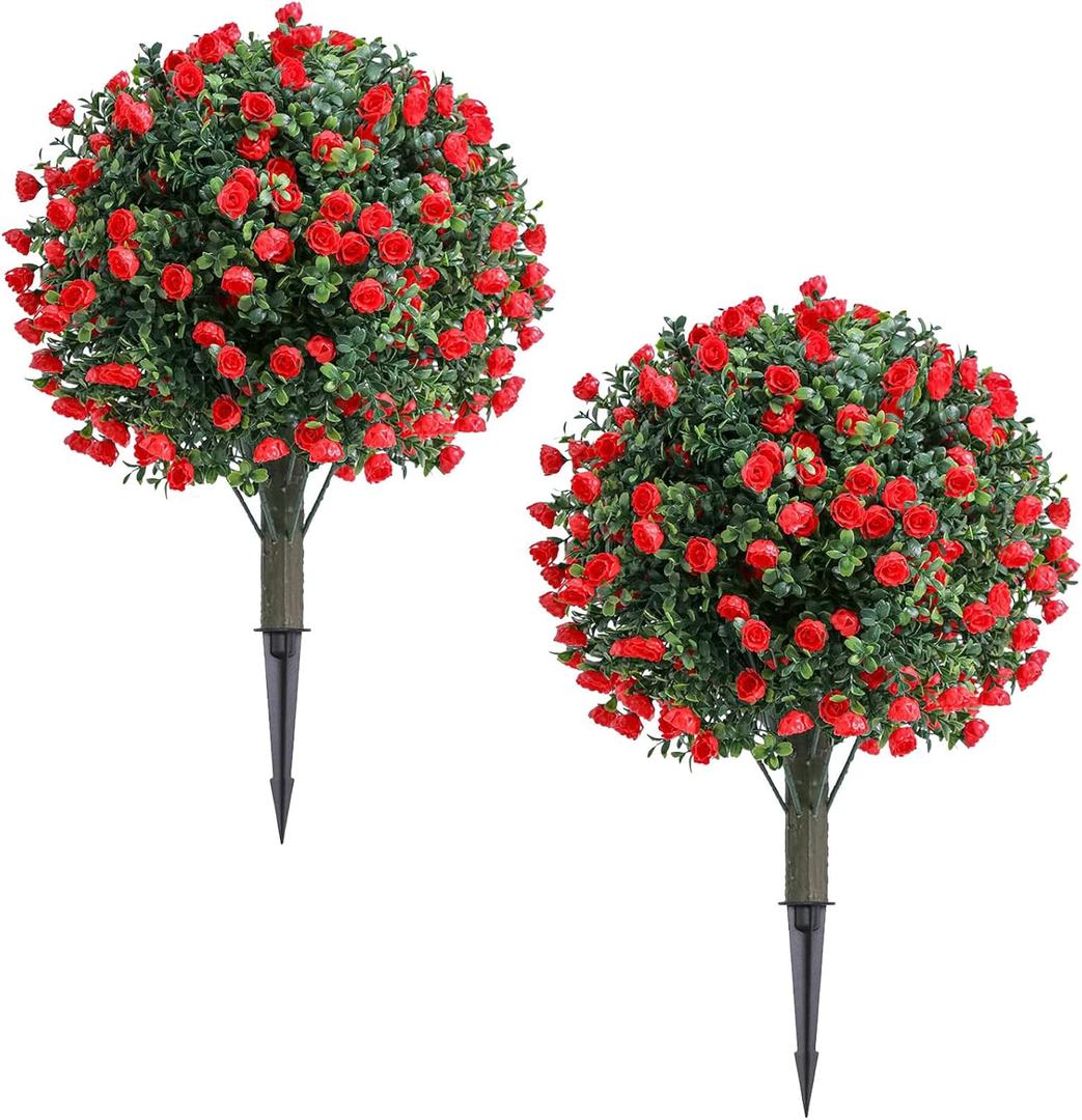 23 Inch Artificial Rose Topiary Balls Tree, UV Resistant Faux Boxwood Trees with Ground Spike, Perfect for Indoor & Outdoor Garden, Porch, Front Door, and Home Dcor, Set of 2