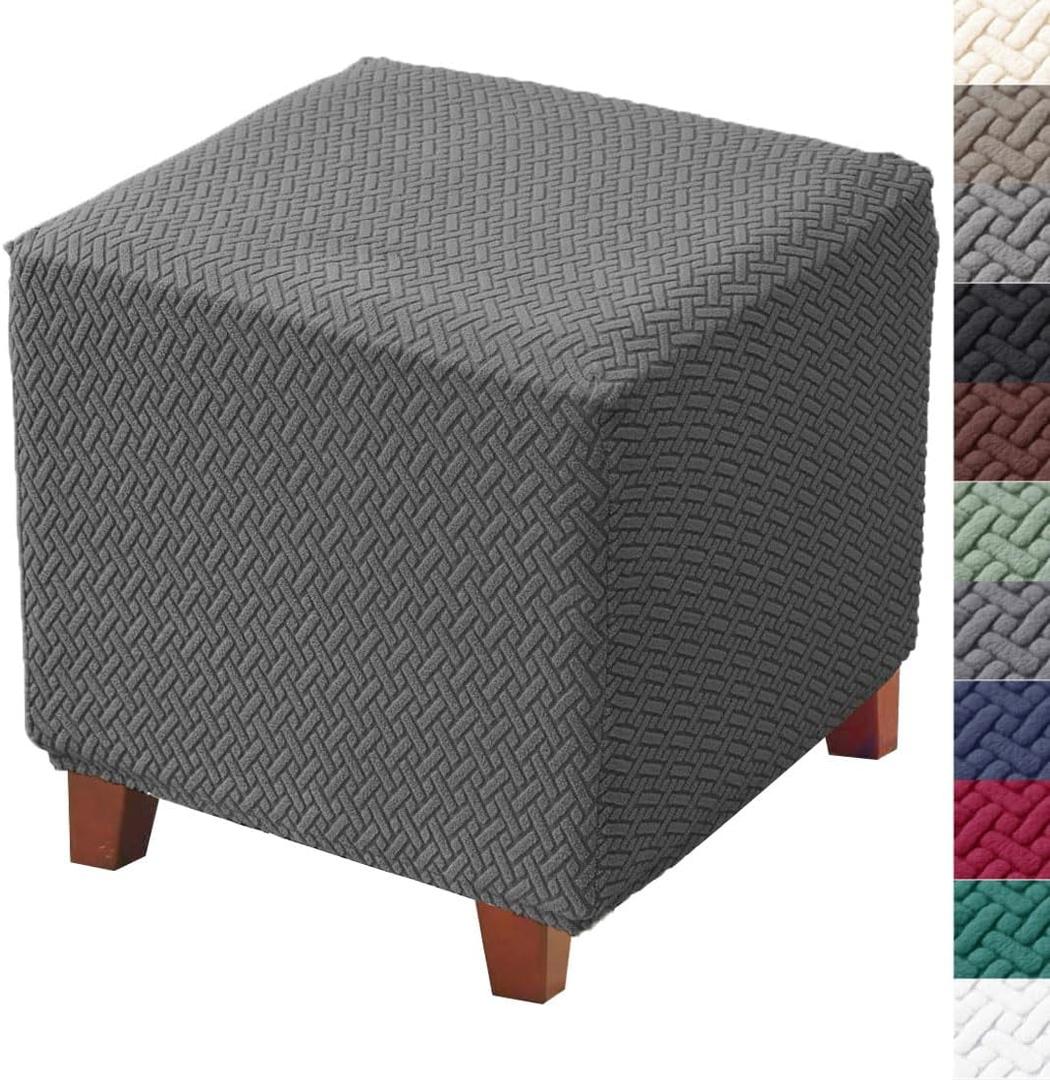 Ottoman Cover Jacquard Stretch Square Slipcover Thick Folding Storage Cover Footstool Protector With Elastic Bottom for Living Room S Dark Gray