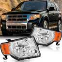 Headlights Assembly Pair for 2008 2009 2010 2011 2012 Ford Escape XLS XLT Limited Hybrid Halogen Headlamps Head Lights Replacement Driver and Passenger Side, Chrome Housing Amber Reflector