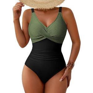 Pink Queen Women One Piece Swimsuit 2026 Patchwork Twist Front V Neck Ruched Tummy Control Swimwear Bathing Suits (Large)